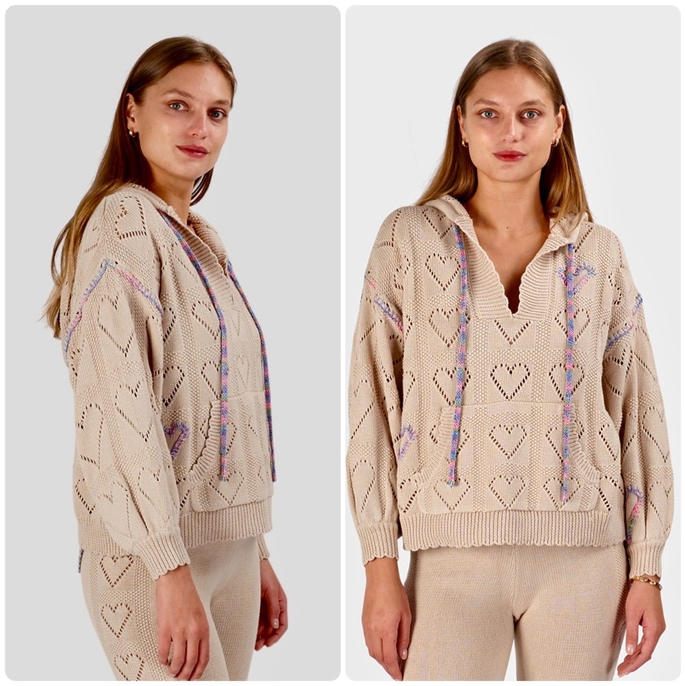 New! LoveShackFancy Beige Tan Heart Knit Embroidered Sweater 💗 Medium
